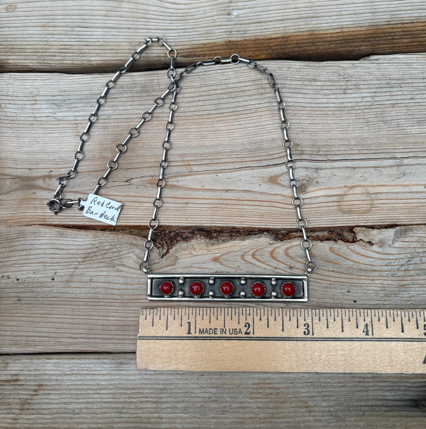 5 Stone Red Coral Bar Necklace