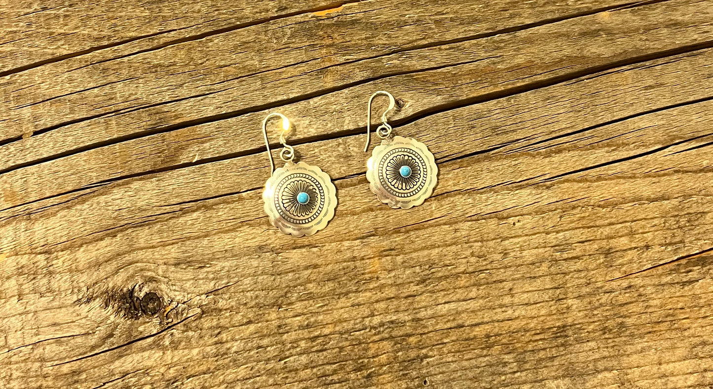 Stamped Concho-With Tiny Turquoise Stone - Dangle Earrings