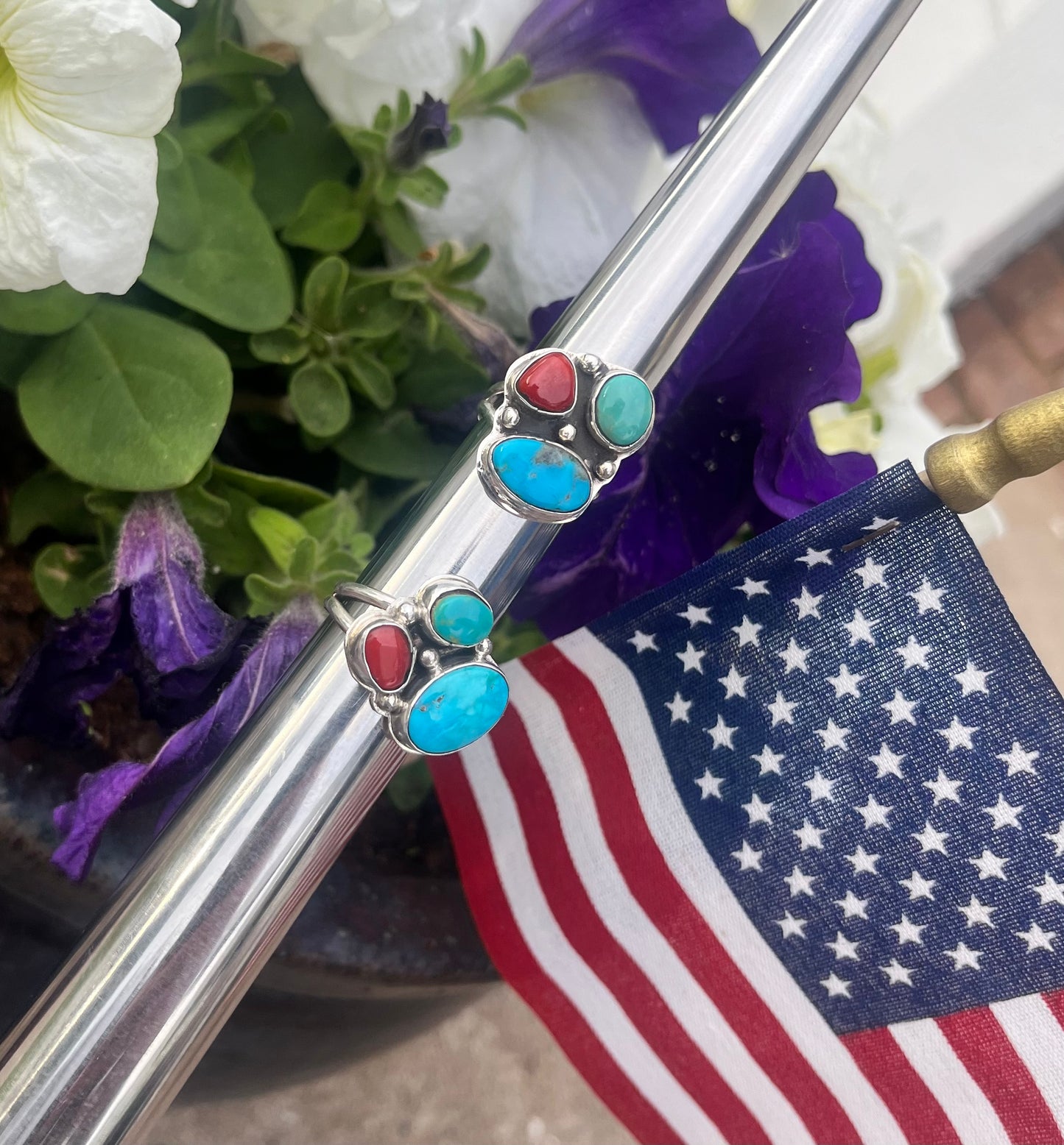 Turquoise and Coral 3 Stone Ring