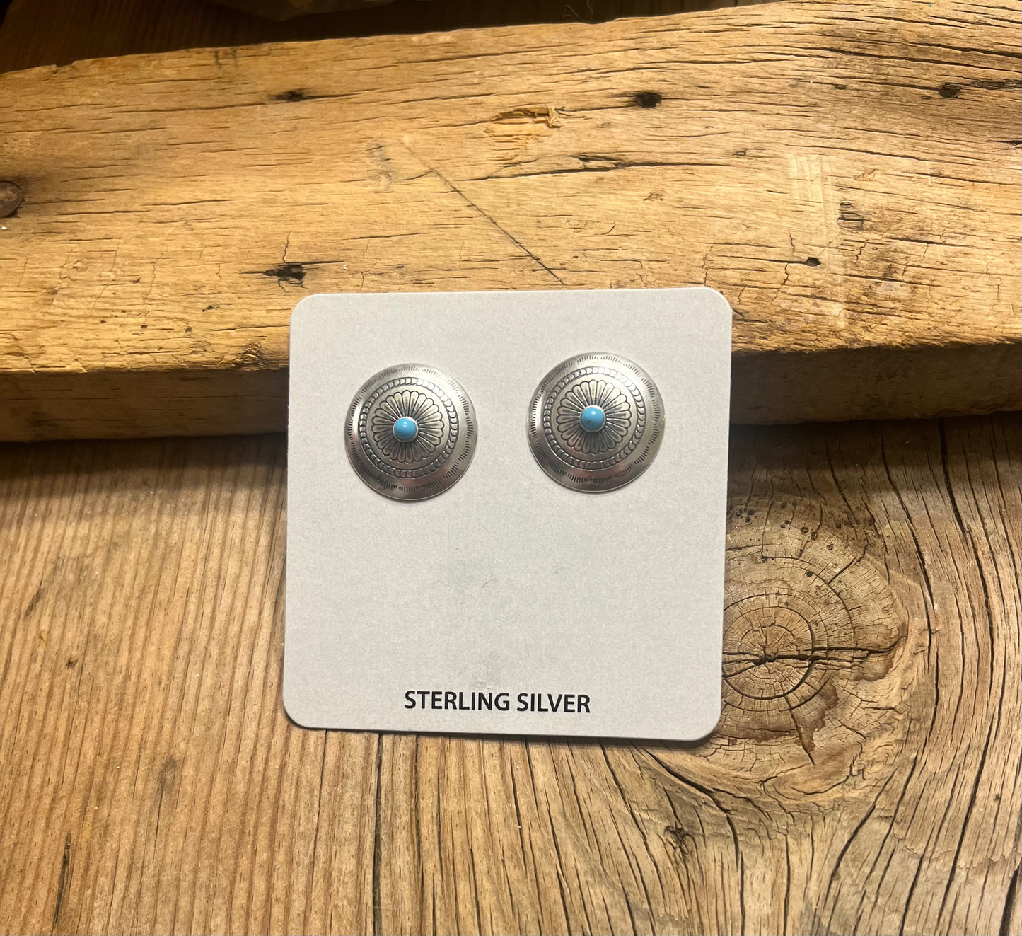 Stamped Concho-With Tiny Turquoise Stone - Earrings