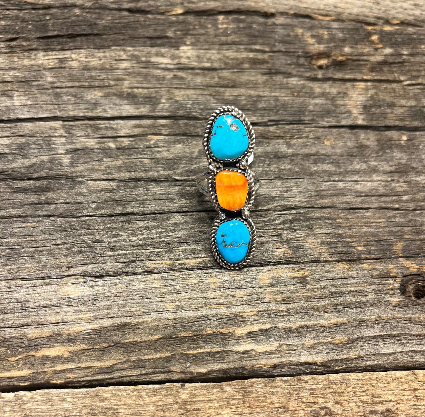 Turquoise and Spiny 3 Stone Ring
