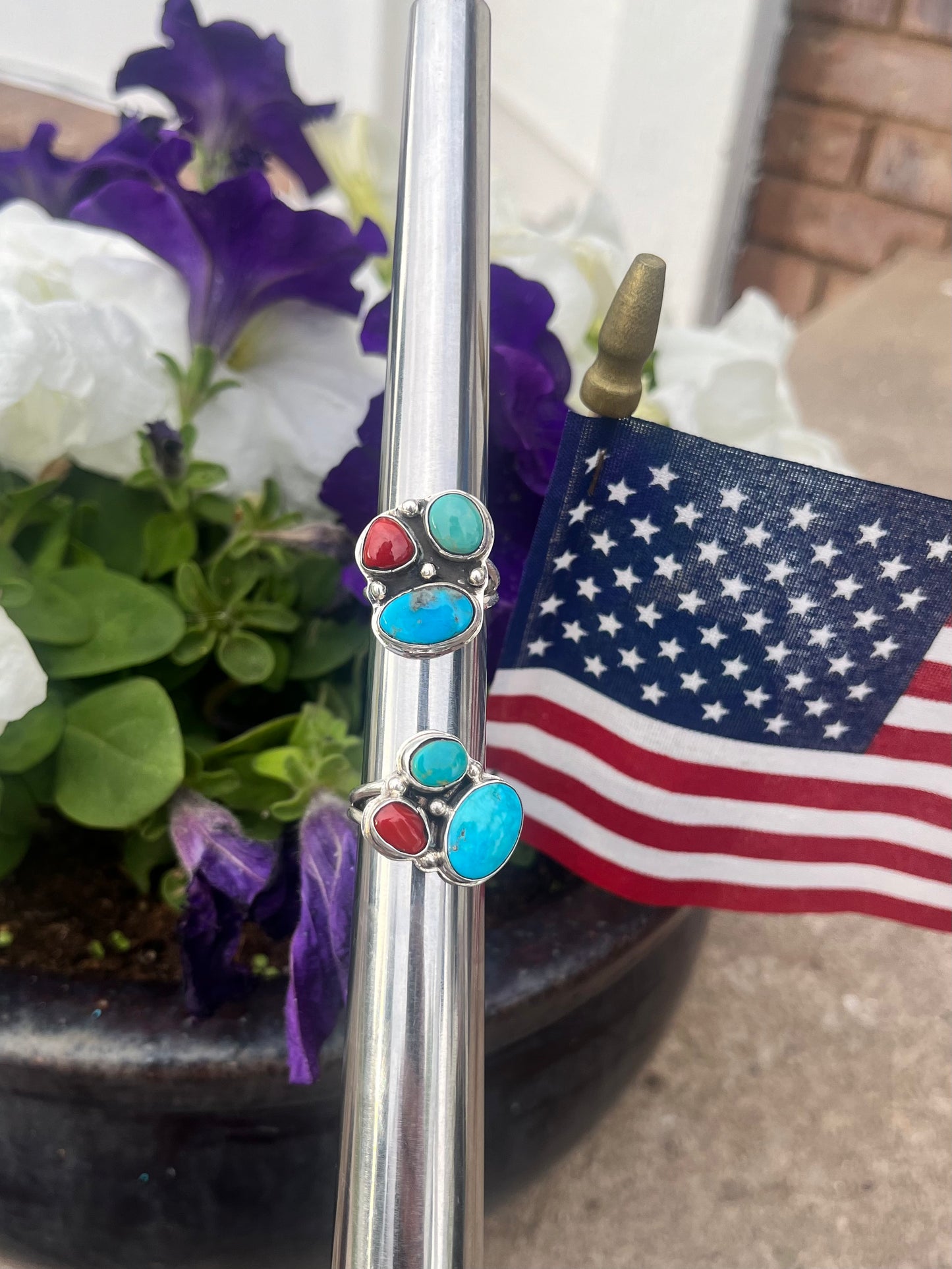 Turquoise and Coral 3 Stone Ring