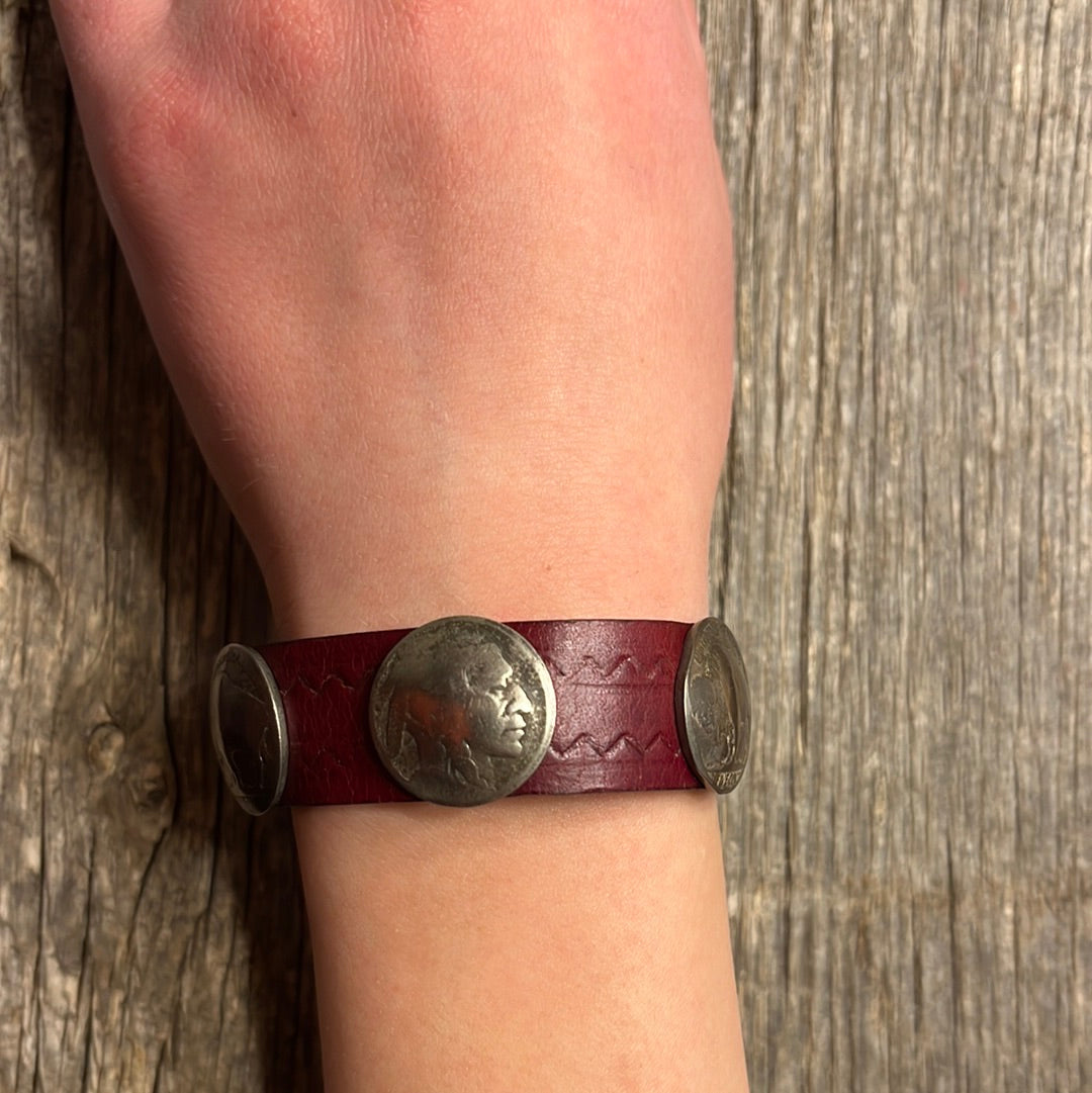 Leather Bracelet with Indian Head and Buffalo Nickels
