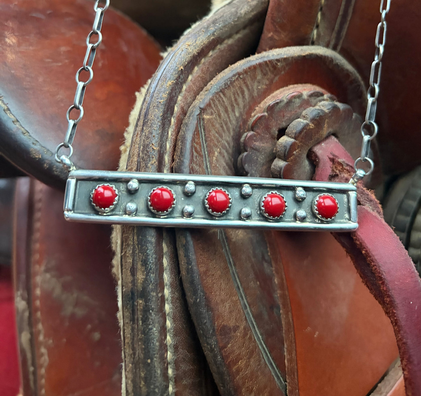5 Stone Red Coral Bar Necklace