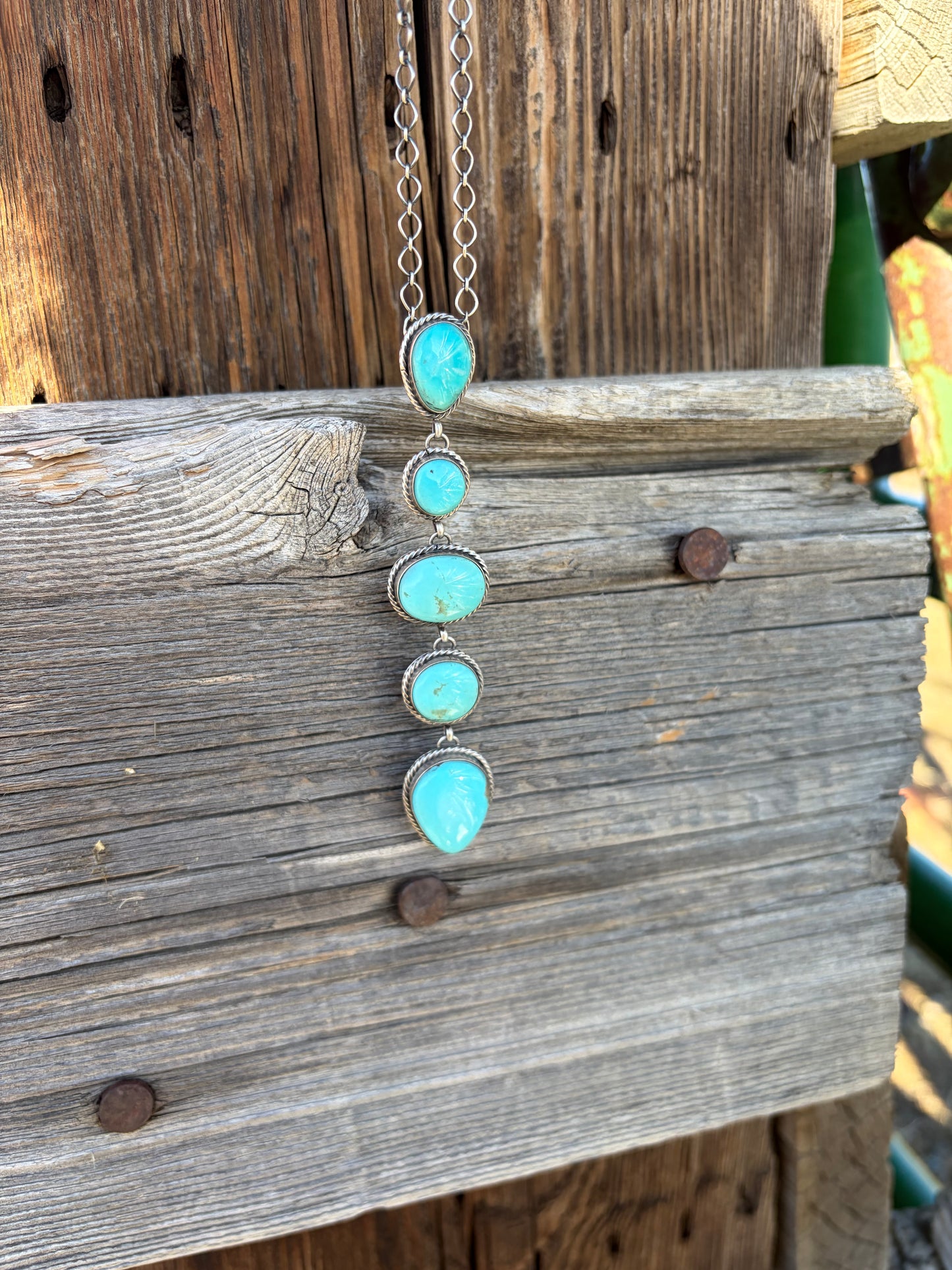 Teardrop and Oval 5 Stone Turquoise Lariat Necklace