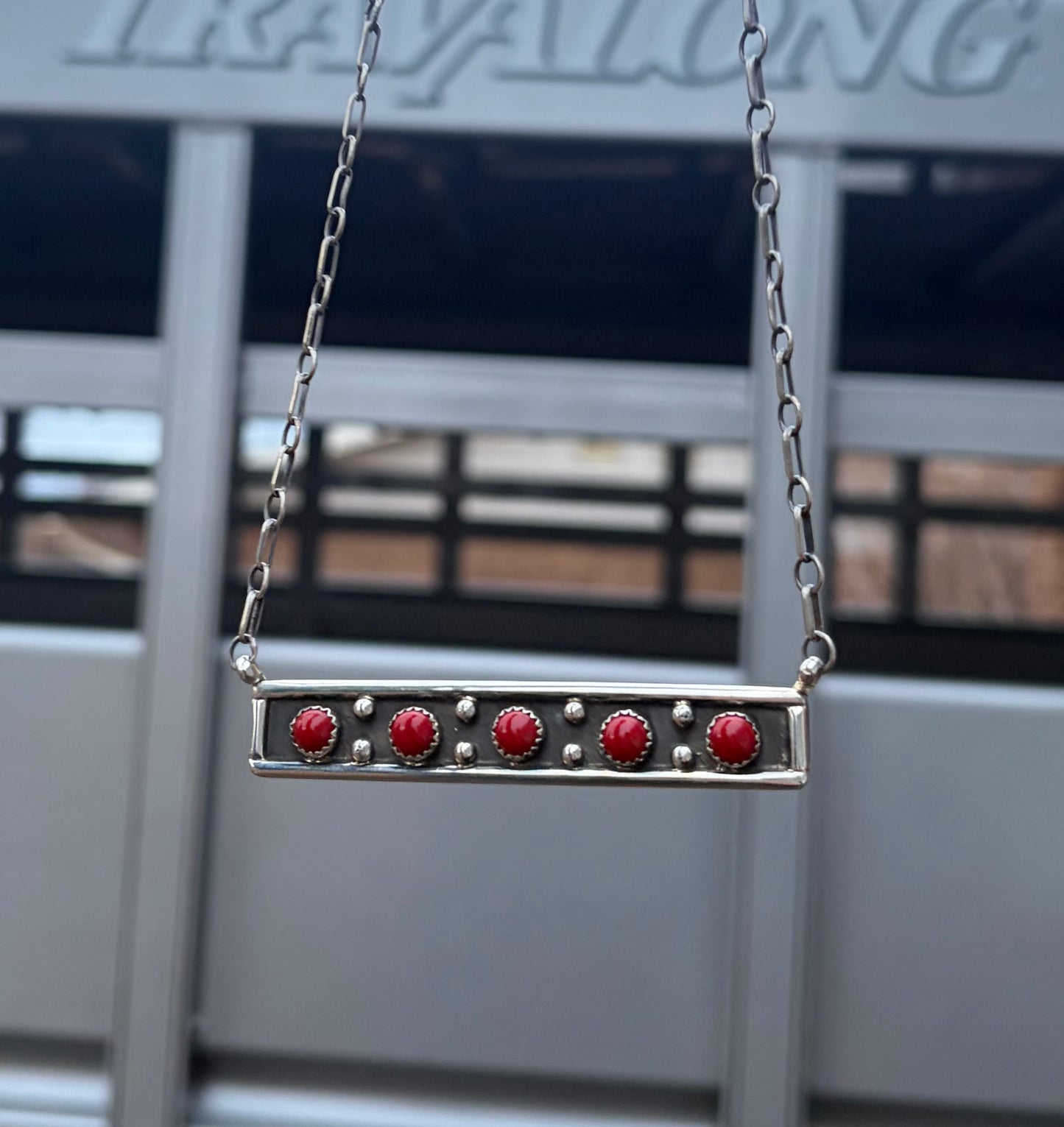 5 Stone Red Coral Bar Necklace