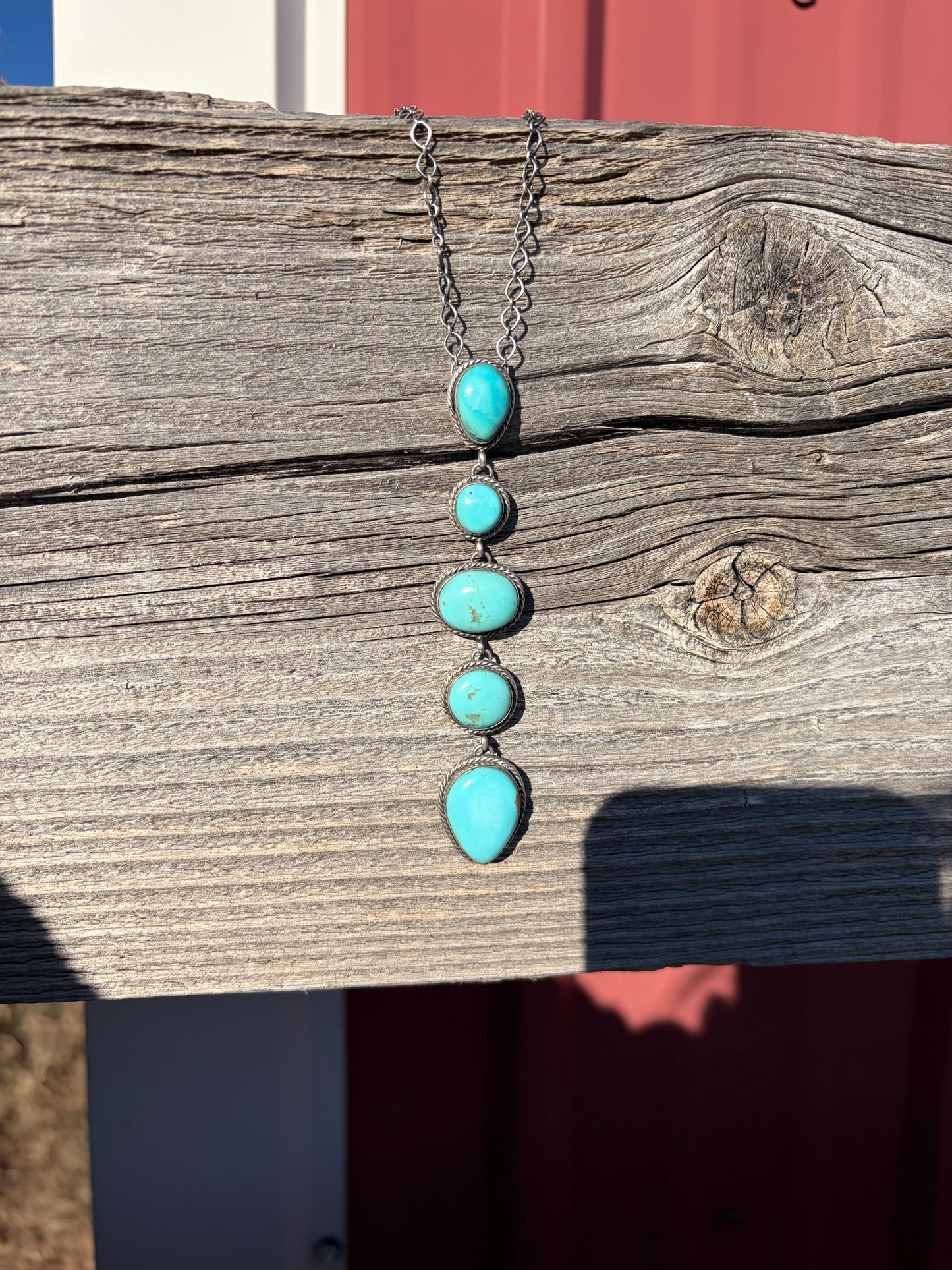 Teardrop and Oval 5 Stone Turquoise Lariat Necklace