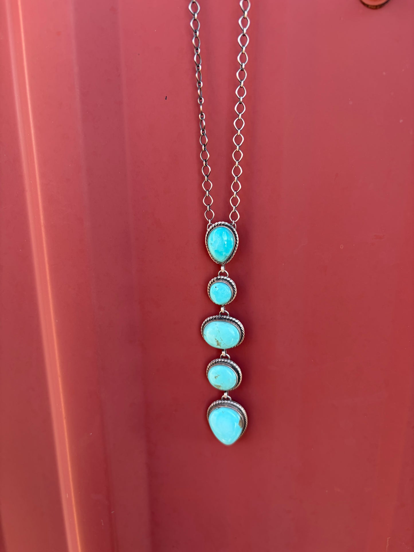 Teardrop and Oval 5 Stone Turquoise Lariat Necklace
