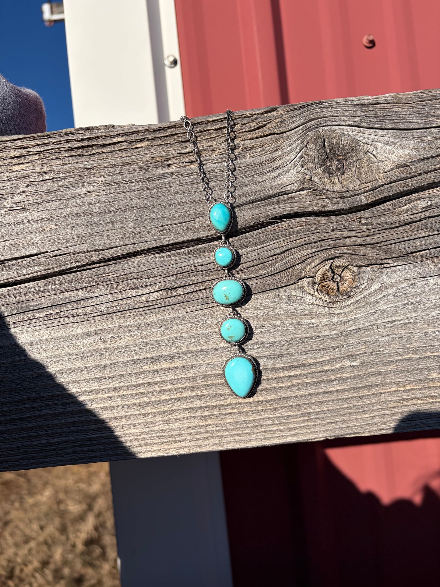 Teardrop and Oval 5 Stone Turquoise Lariat Necklace