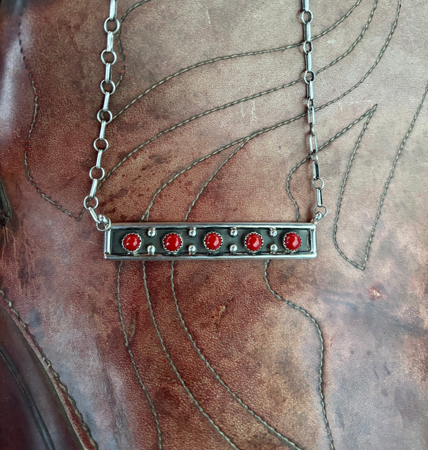 5 Stone Red Coral Bar Necklace
