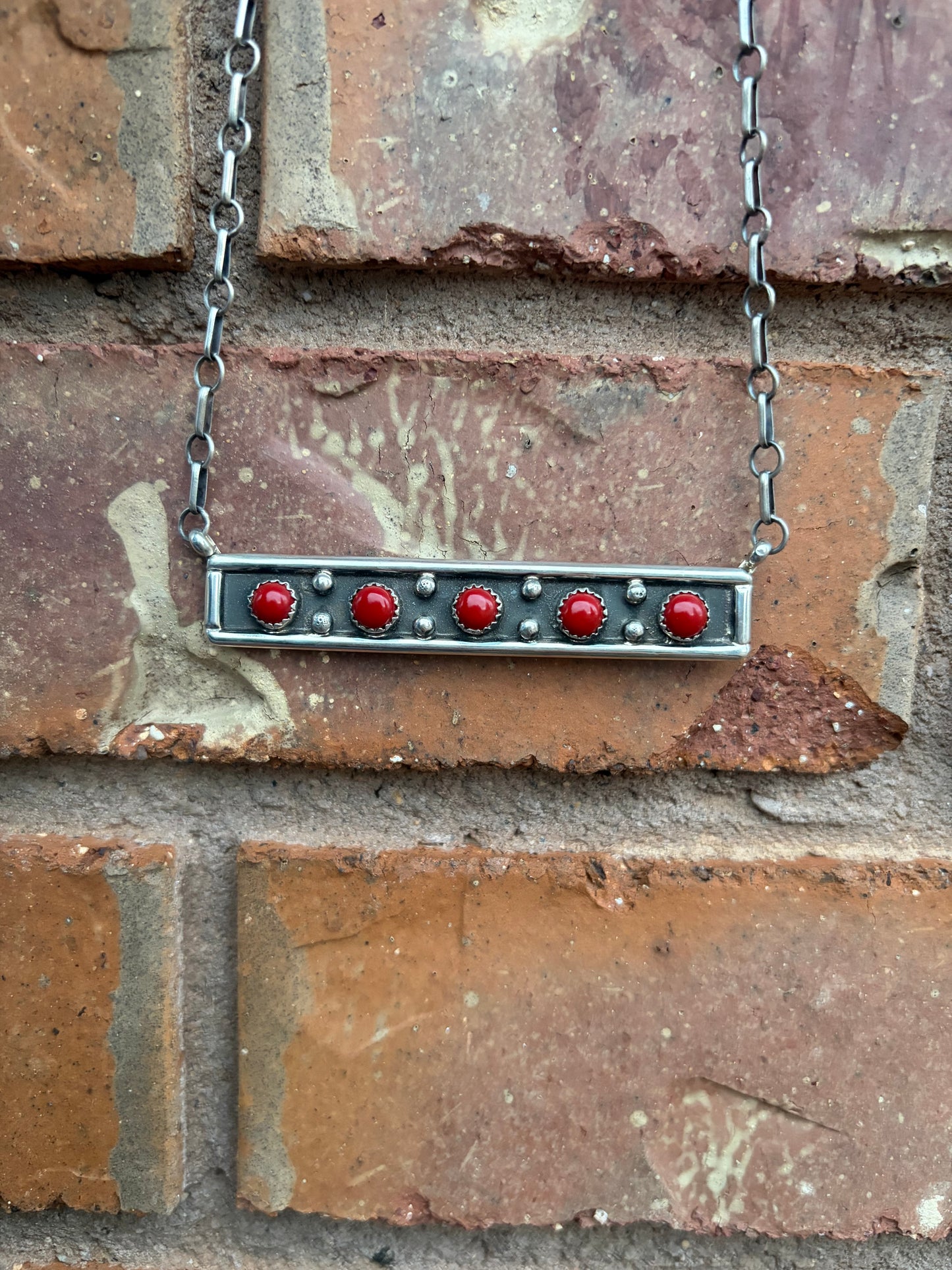 5 Stone Red Coral Bar Necklace
