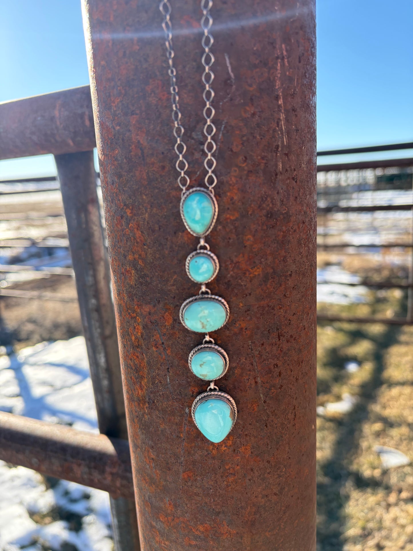 Teardrop and Oval 5 Stone Turquoise Lariat Necklace