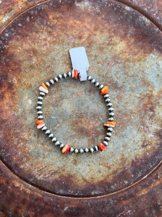 Pearl and Orange Spiny Stretch Bracelet