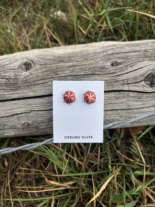 Zuni Made Coral Flower Earrings