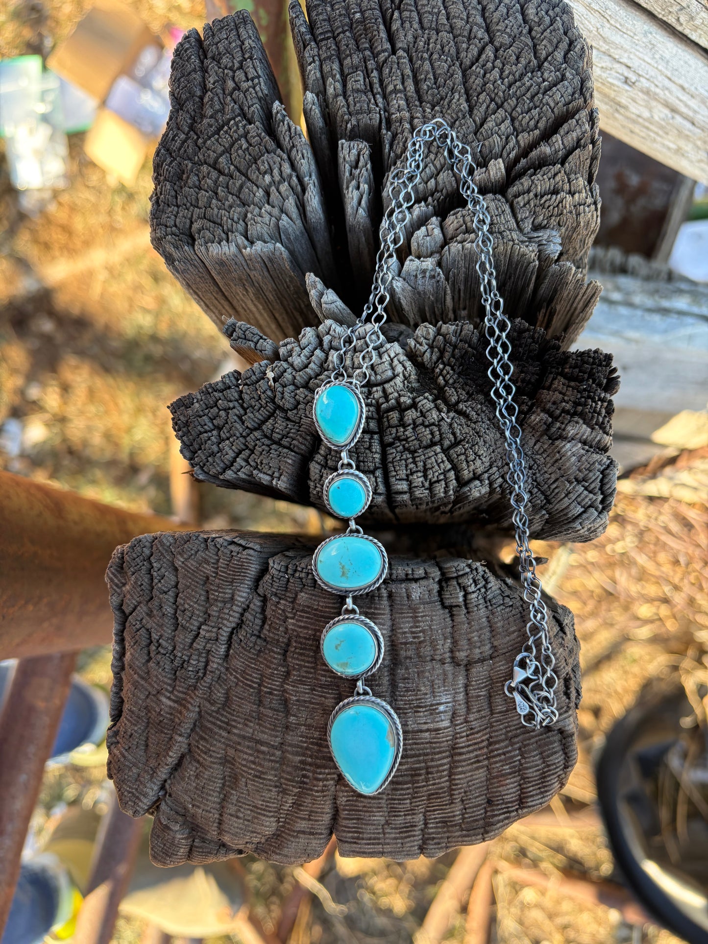 Teardrop and Oval 5 Stone Turquoise Lariat Necklace