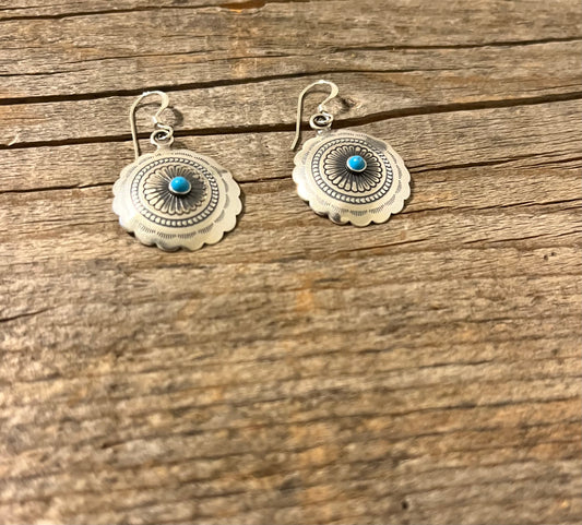 Stamped Concho-With Tiny Turquoise Stone - Dangle Earrings