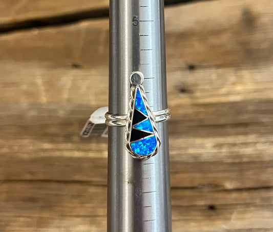 Onyx and Blue Opal Inlay Teardrop Ring