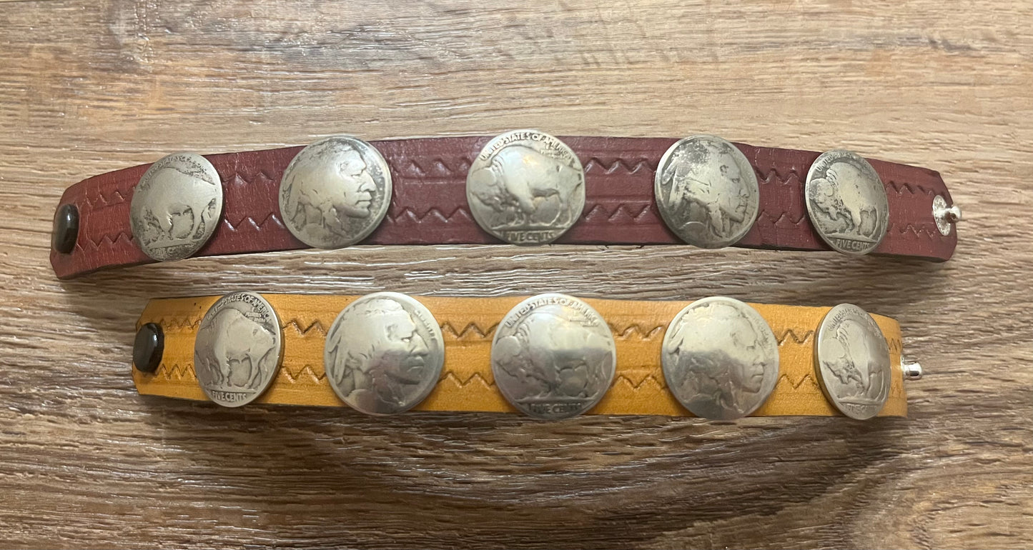 Leather Bracelet with Indian Head and Buffalo Nickels